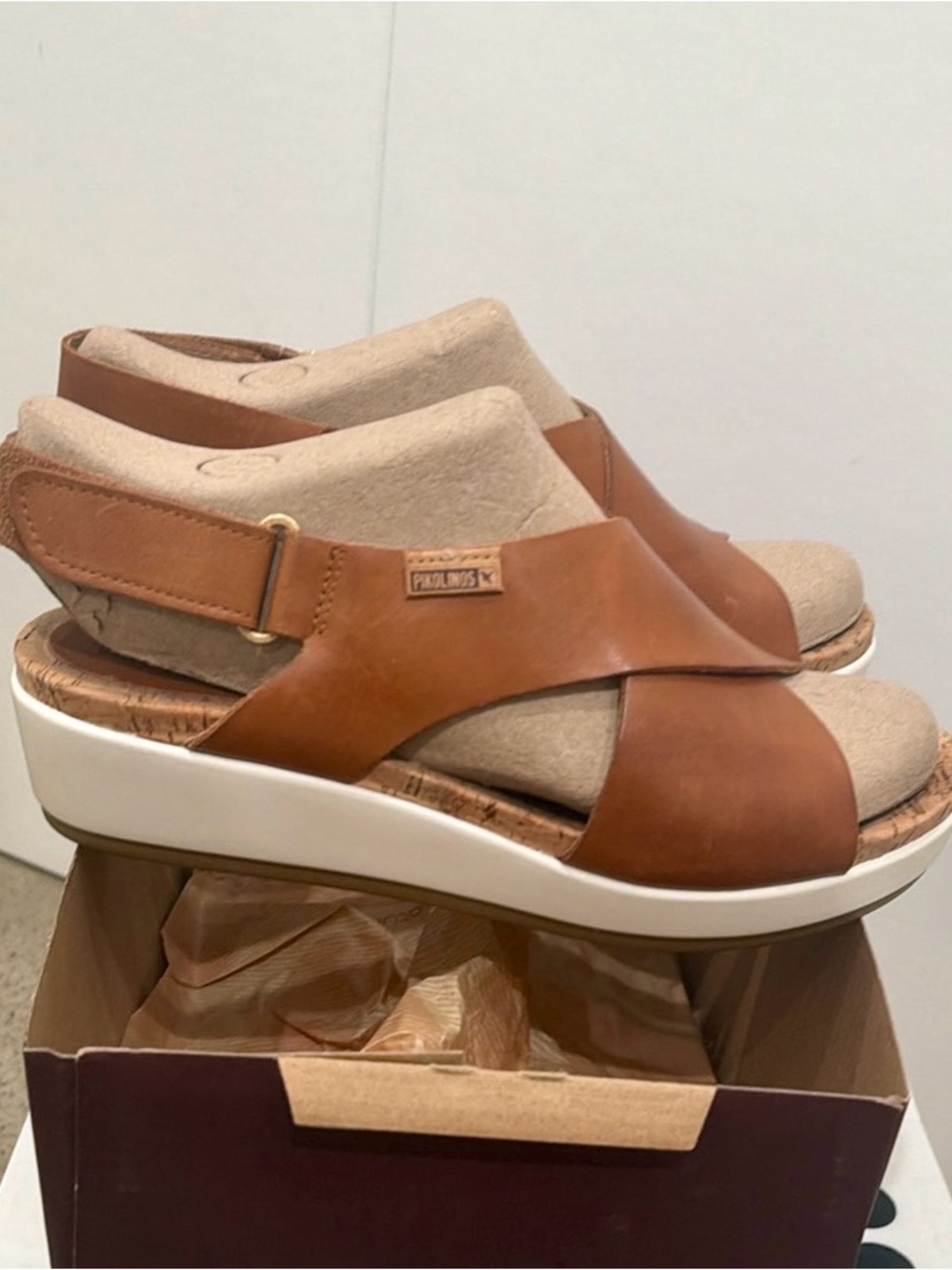 PIKOLINOS Cognac Leather Crossover Slingback Wedge Sandals